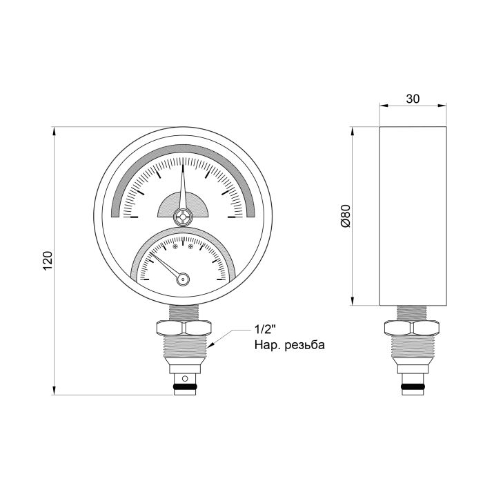 Термоманометр Thermo Alliance Standart 80 мм 1/2", нижнє підмикання SD1726B
