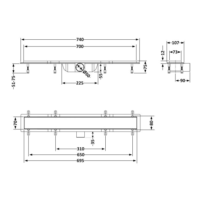 Трап Qtap Dry FB304-700 лінійний з сухим закривом та нержавіючою решіткою 700х73