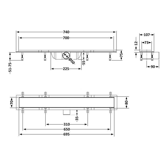 Трап Qtap Dry FA304-700 лінійний з сухим закривом та нержавіючою решіткою 700х73