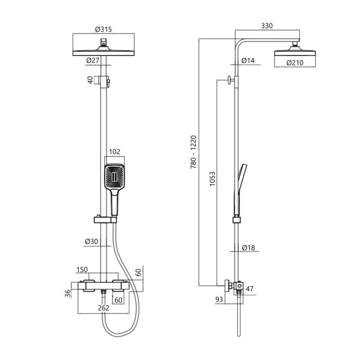 Душова система універсальна Qtap Sloup термостатична на два споживача QTSL57103KNC Chrome