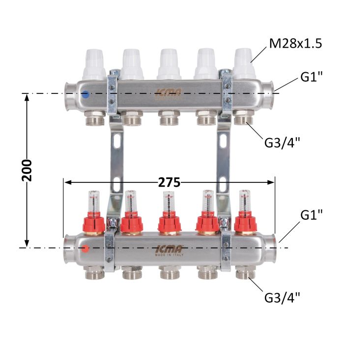 Колектор із витратомірами (нерж.) 1"х5 Icma № К073