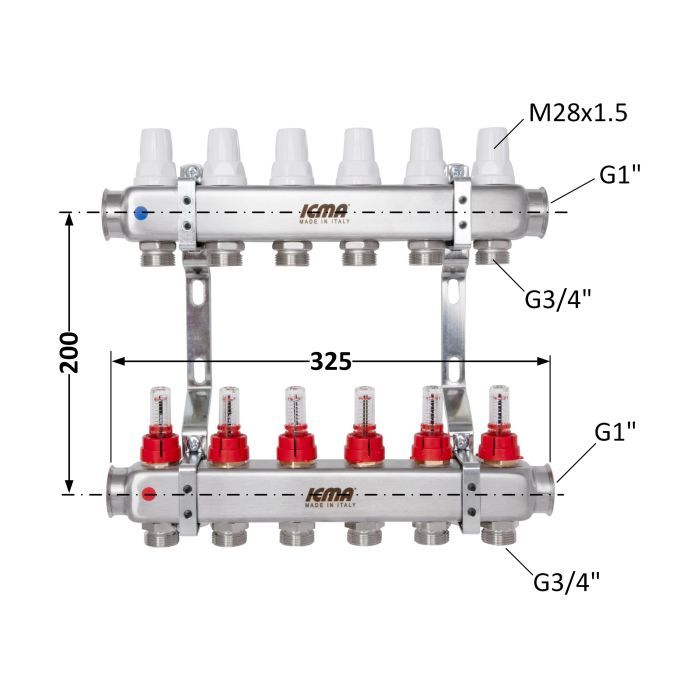 Колектор з витратомірами (нерж.) 1" х6 Icma № К073
