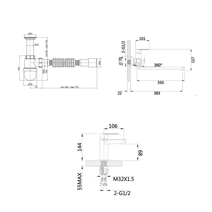 Комплект для Ванної Latwa: Змішувач для раковини LDLAT001CRM45412 + Змішувач для Ванної LDLAT005CRM45415