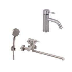 Комплект для ванної кімнати Aria 005, Nickel (k35) з довгим поворотним виливом та душовим гарнітуром +Змішувач для раковини низький Aria 0011F, Nickel (k35)