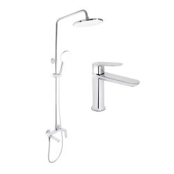 Акційний набір для душової кімнати Qtap Evia Змішувач для раковини QTEVI2701CRM47576 Chrome+Qtap Evia Душева система універсальна QTEVI111CRM47583 Chrome
