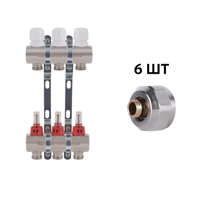Комплект: Thermo Alliance Standart Колектор латунний з витратомірами 1"х3 SD235W3 + SD Євроконус 3/4''х16×2 SD346