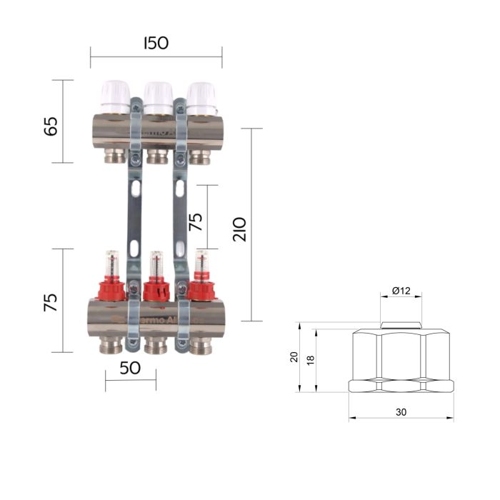 Комплект: Thermo Alliance Standart Колектор латунний з витратомірами 1"х3 SD235W3 + SD Євроконус 3/4''х16×2 SD346