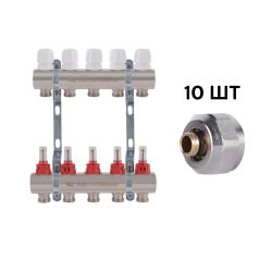 Комплект: Thermo Alliance Standart Колектор латунний з витратомірами 1"х5 SD235W5 + SD Євроконус 3/4''х16×2 SD346