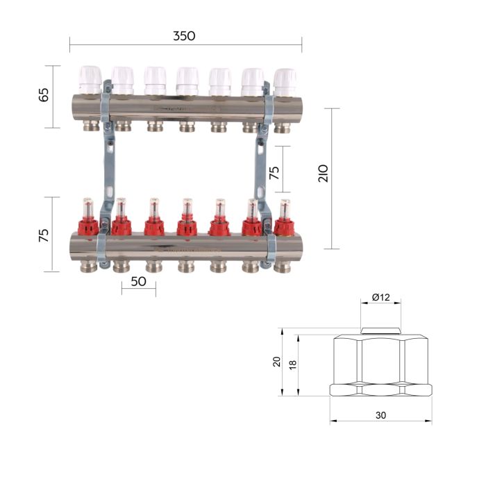 Комплект: Thermo Alliance Standart Колектор латунний з витратомірами 1"х7 SD235W7 + SD Євроконус 3/4''х16×2 SD346