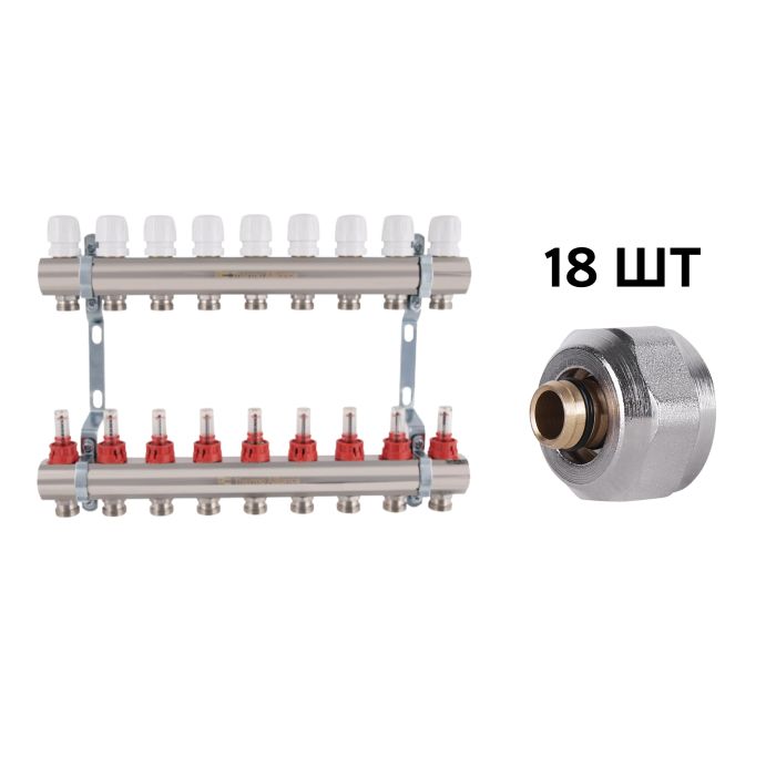 Комплект: Thermo Alliance Standart Колектор латунний з витратомірами 1"х9 SD235W9 + SD Євроконус 3/4''х16×2 SD346