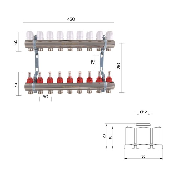 Комплект: Thermo Alliance Standart Колектор латунний з витратомірами 1"х9 SD235W9 + SD Євроконус 3/4''х16×2 SD346