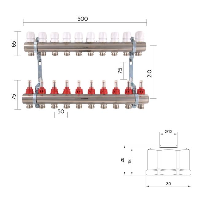 Комплект: Thermo Alliance Standart Колектор латунний з витратомірами 1"х10 SD235W10 + SD Євроконус 3/4''х16×2 SD346