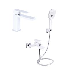 Акційний набір Qtap: Змішувач для раковини QTGEM270CRW45675 Chrome/White + Змішувач для ванни (з душовим гарнітуром) QTGEM259CRW45683 Chrome/White